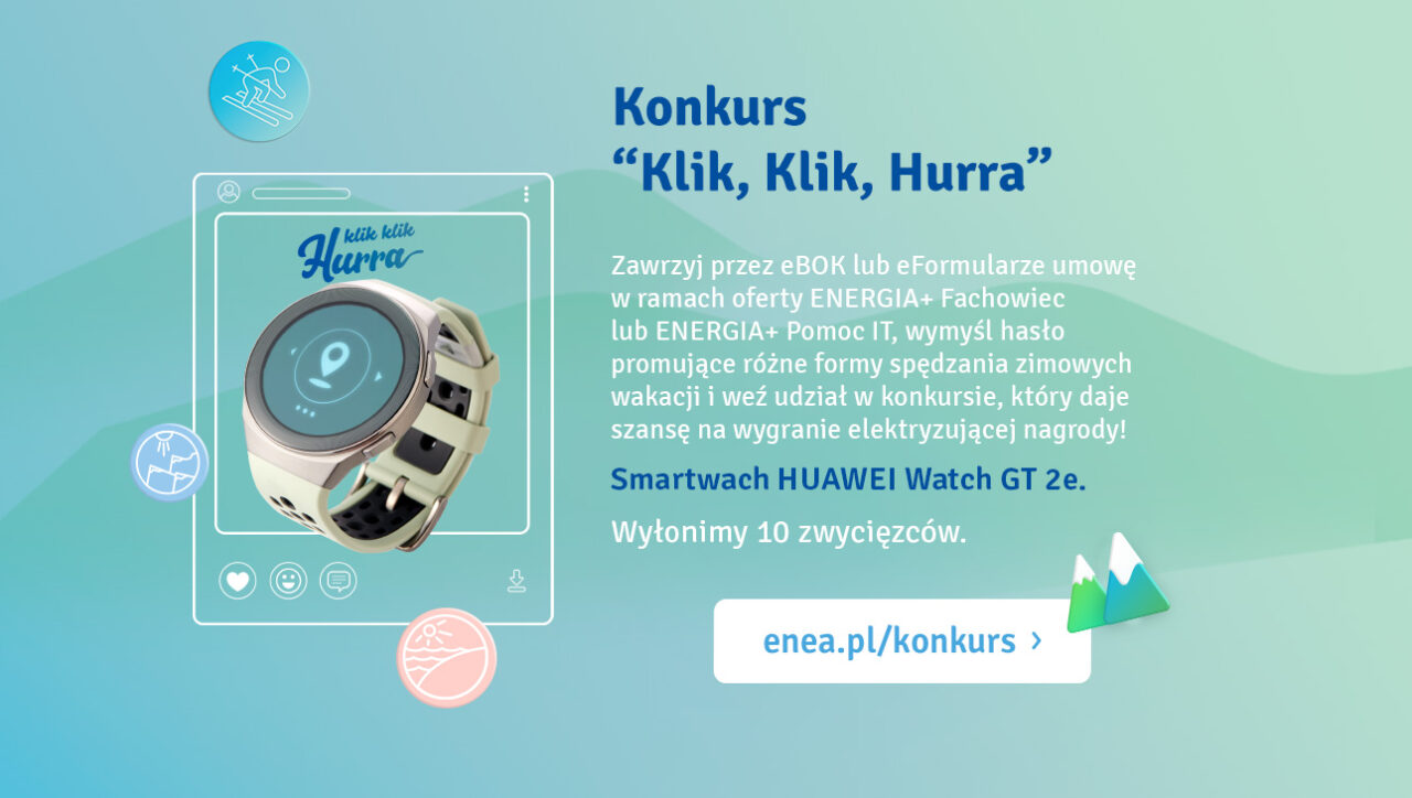 Grafika promocyjna konkursu z zegarkiem smartwatch HUAWEI Watch GT 2e i szczegółami dotyczącymi udziału.