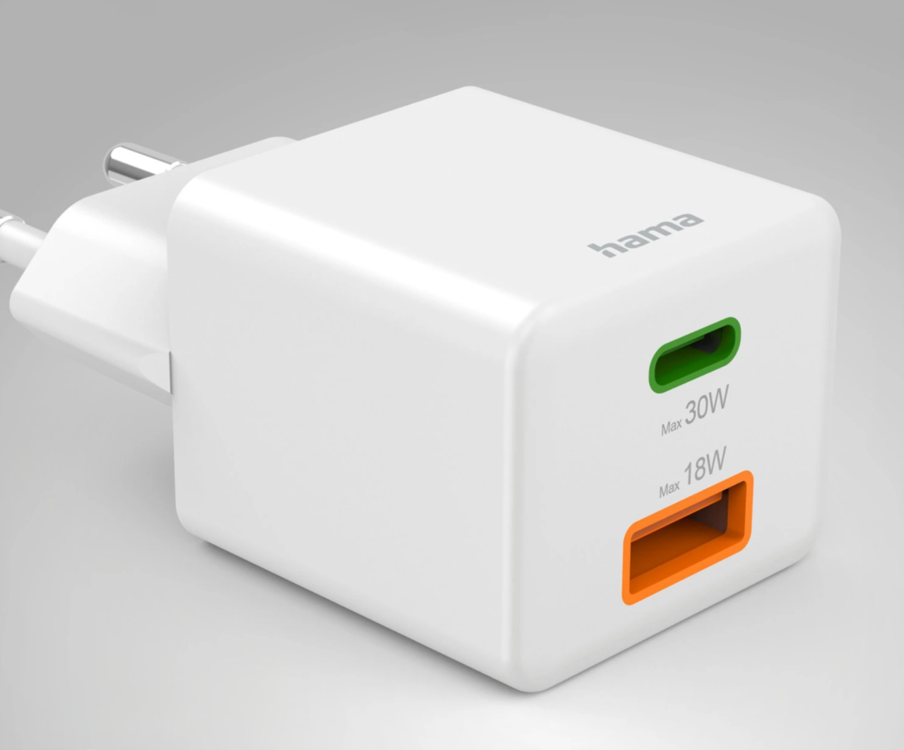 Biała, dwuportowa ładowarka sieciowa marki hama z jednym zielonym portem USB-C oznaczonym jako "Max 30W" i jednym pomarańczowym portem USB-A oznaczonym jako "Max 18W".