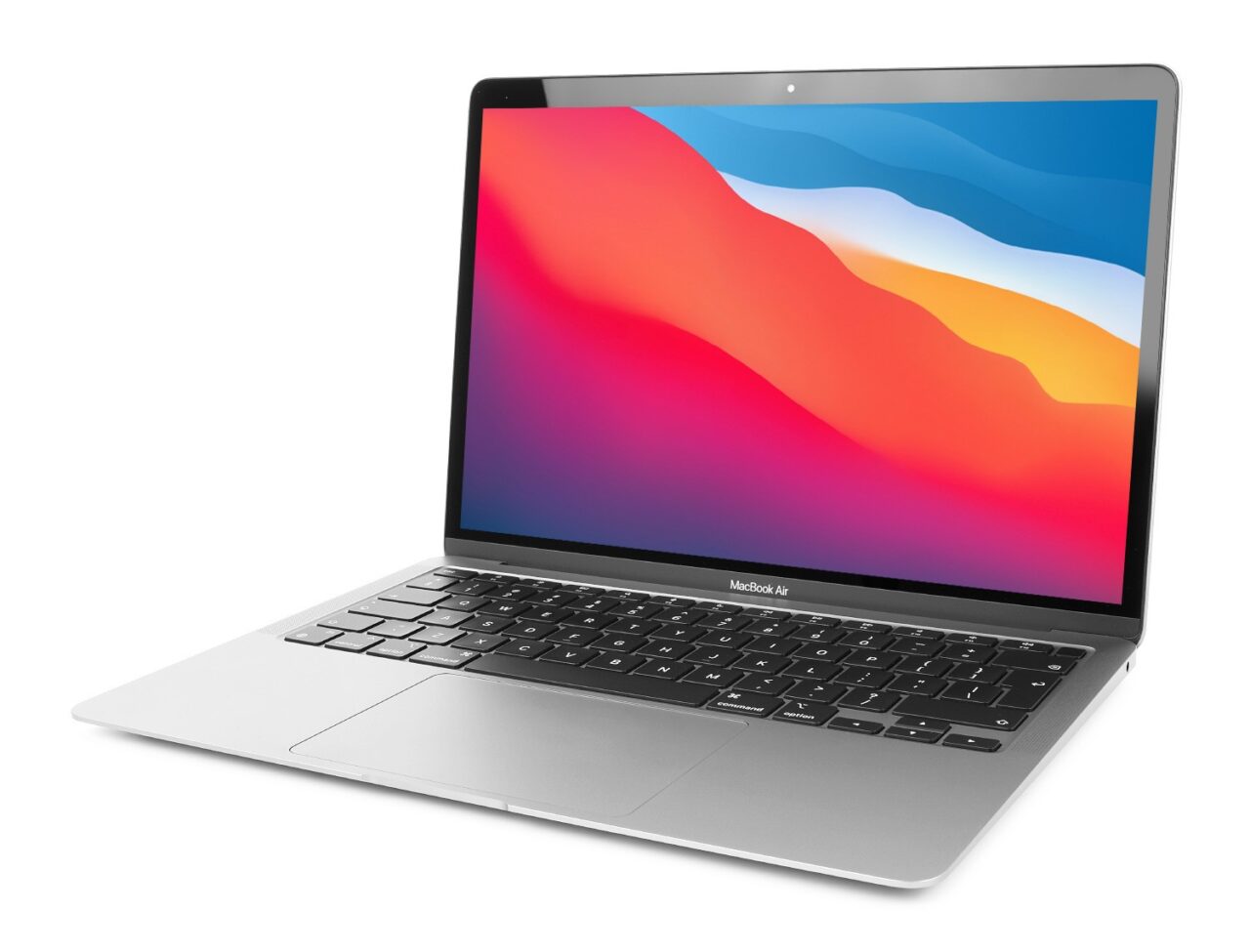 Laptop MacBook Air na białym tle z kolorowym wyświetlaczem.