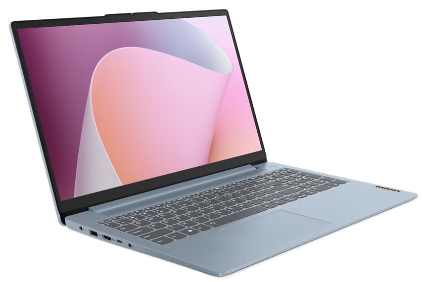 Srebrny laptop na białym tle, z lekko otwartą klapą i wyświetlaczem pokazującym gradientową tapetę.