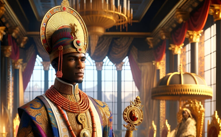 Portret postaci komputerowej - nigeryjski książę - przedstawiającej króla w bogatej szacie i zdobionym hełmie, w złotym, ozdobnym wnętrzu.