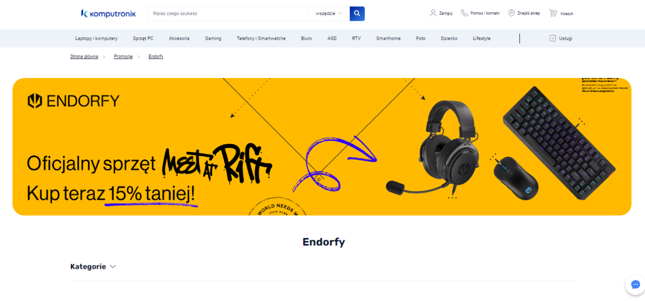 Endorfy promocja. Grafika promocyjna na stronie komputronik.pl z napisem "ENDORFY Oficjalny sprzęt Kup teraz 15% taniej!" pokazująca słuchawki, mysz komputerową i klawiaturę na żółtym tle.