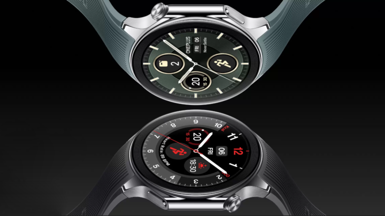 Dwa inteligentne zegarki z cyfrowymi tarczami: górny w kolorze zielonym z wskazaniem daty i pulsometrem, dolny w czerni z akcentami czerwieni i białymi wskazówkami, na czarnym tle.