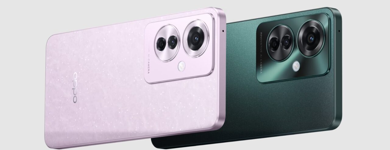 Dwa smartfony Oppo w kolorach różowym i zielonym, w widoku z tyłu, ukazujące podwójny system aparatów i logo producenta.