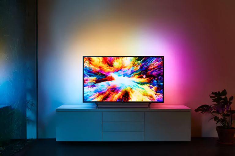 Telewizor Philips Ambilight na białej komodzie wyświetlający kolorowy abstrakcyjny obraz, z kolorowym oświetleniem LED na ścianie w tle i doniczką z rośliną po prawej stronie.