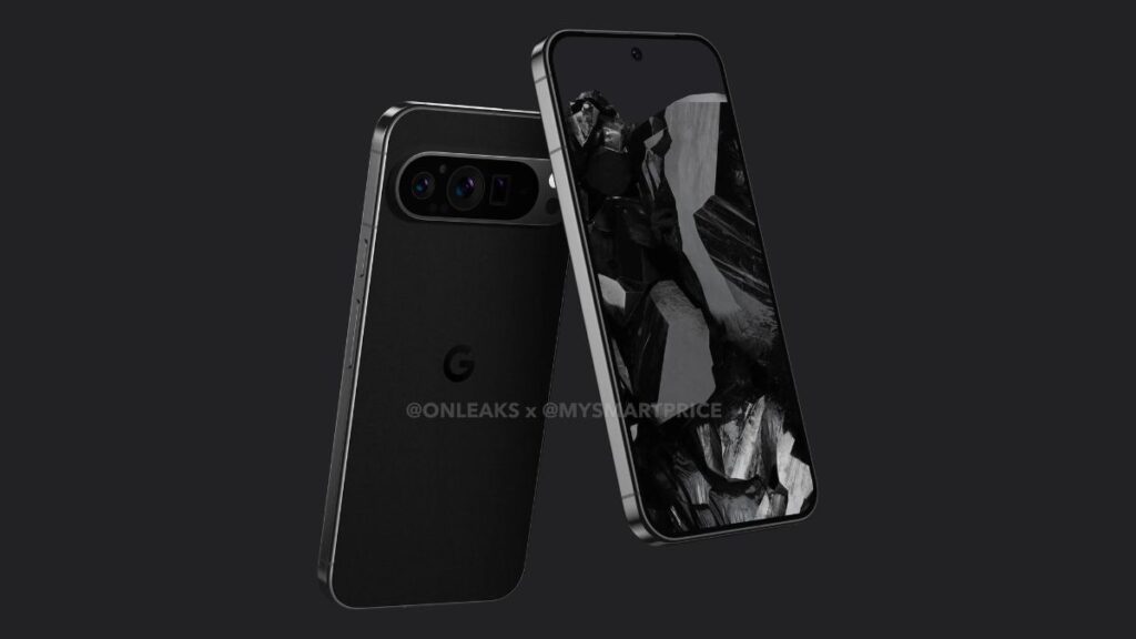 Smartfon z tylnym panelem w kolorze czarnym eksponującym potrójny aparat fotograficzny i logo firmy, przedni panel przedstawiający ekran z grafiką, na szarym tle.