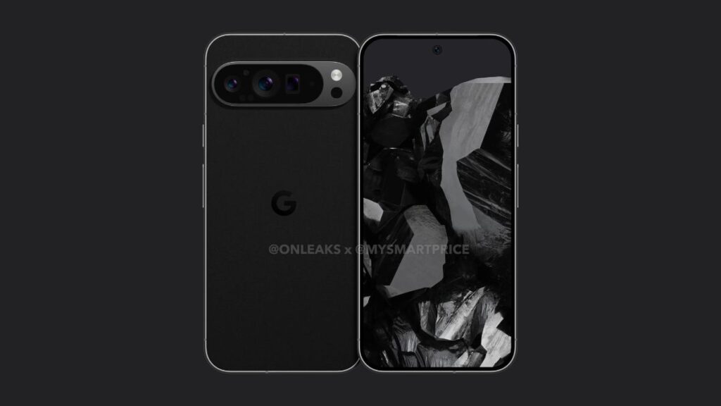 Czarny smartfon Google Pixel z potrójnym aparatem na tylnej obudowie i ekranem z jedną kamerą umieszczoną centralnie w górnej części na przednim panelu.