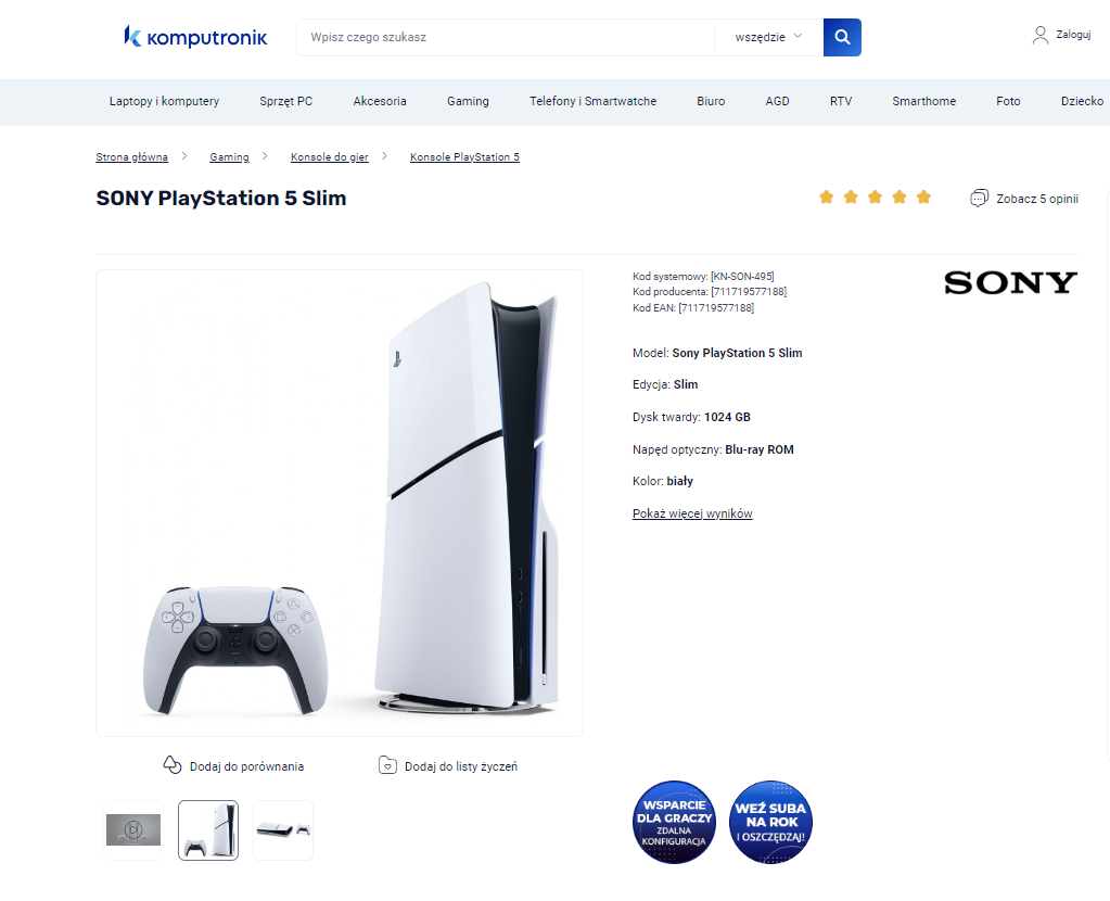 Konsola do gier SONY PlayStation 5 Slim taniej z białym kontrolerem na stronie sklepu internetowego Komputronik.