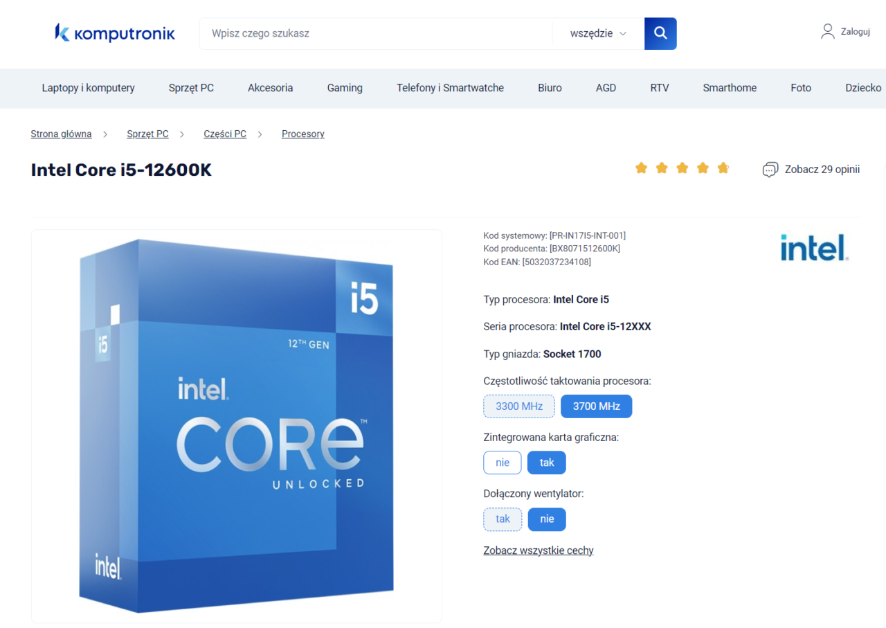 Strona internetowa sklepu Komputronik z wyświetloną ofertą procesora Intel Core i5-12600K, zawierającą zdjęcie niebieskiego pudełka produktu oraz specyfikację techniczną.