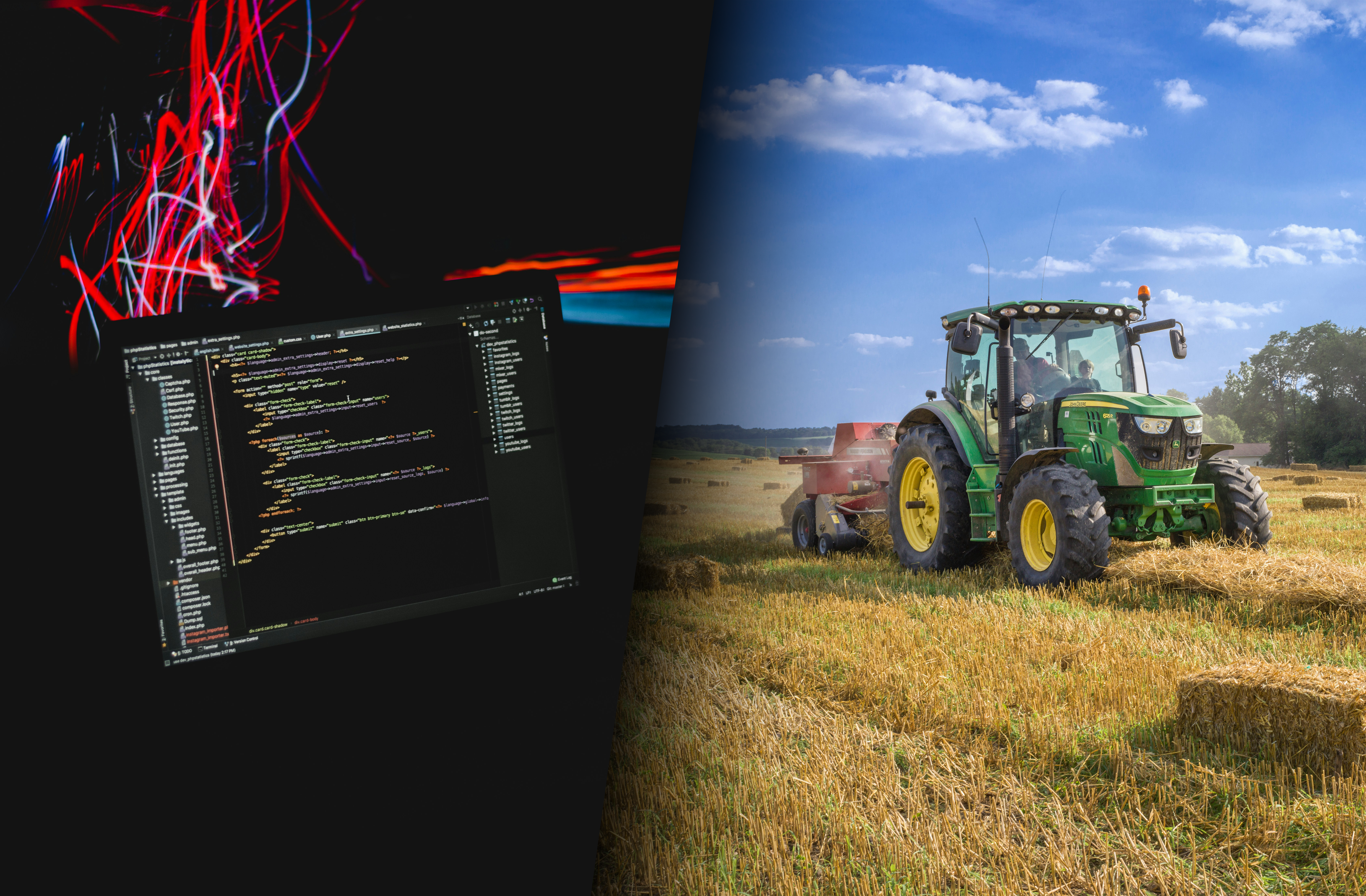 Obraz podzielony na pół z efektem gradientu. Z lewej strony znajduje się laptop z otworzonym kodem na ciemnym tle. Na prawej połowie znalazła się maszyna rolnicza na polu.