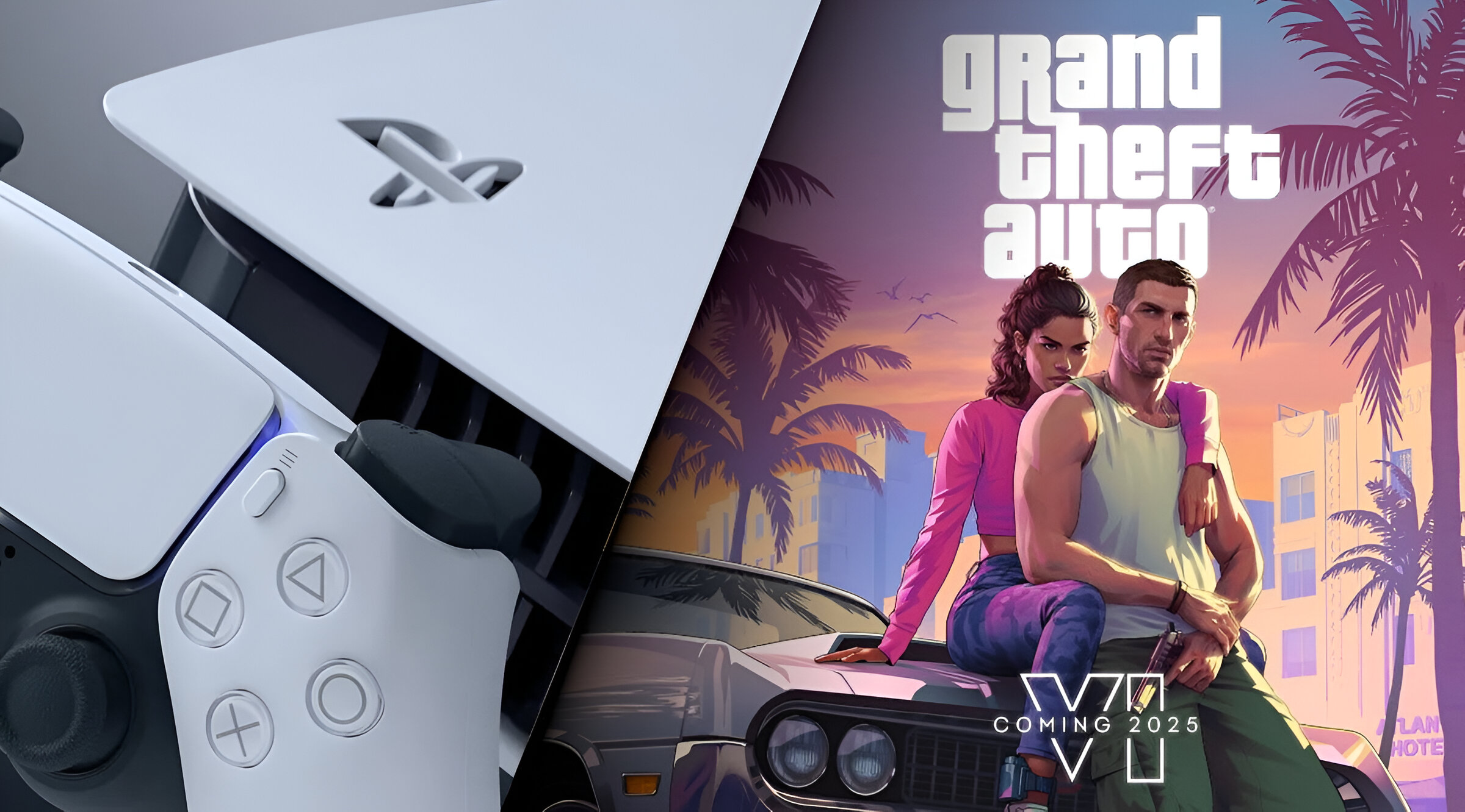 Zdjęcie konsoli do gier PS5 Pro i kontrolera na tle grafiki z gry "Grand Theft Auto" przedstawiającej dwie postacie siedzące na klasycznym samochodzie z palmami i zachodem słońca w tle oraz logo "Grand Theft Auto" i datą "Coming 2025".