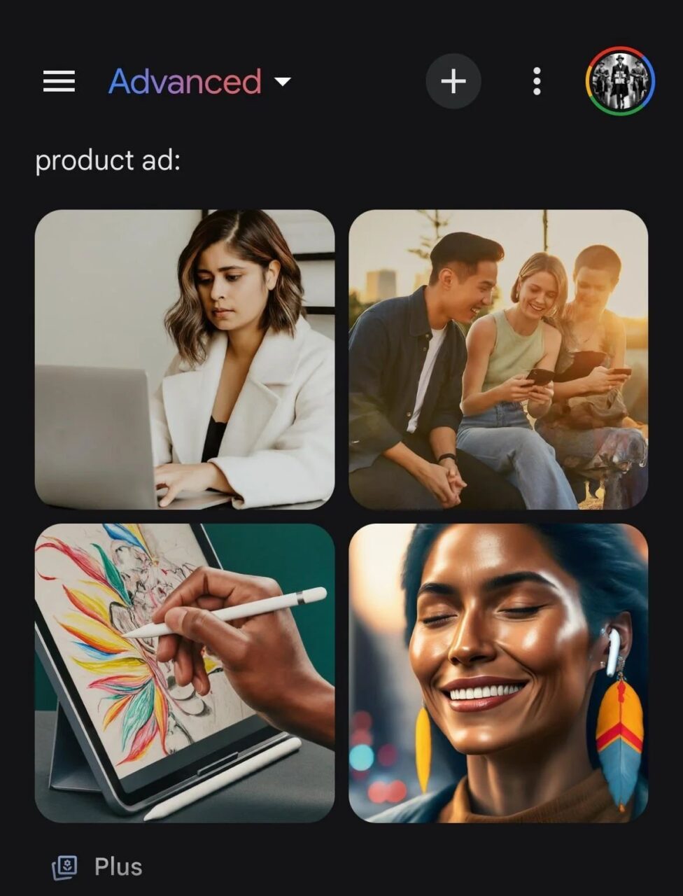 Interfejs aplikacji z czterema obrazami w tle: w lewym górnym rogu kobieta pracująca na laptopie, w prawym górnym rogu trzy osoby używające smartfona, w lewym dolnym rogu dłoń rysująca na tablecie graficznym i w prawym dolnym rogu uśmiechnięta kobieta z kolczykiem w kształcie pióra, wygenerowane w Google Gemini Advanced.