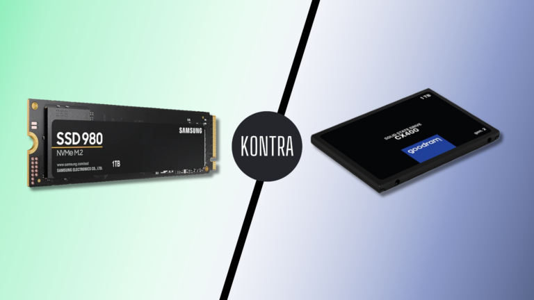 Porównanie dwóch dysków SSD: po lewej stronie dysk Samsung SSD 980 NVMe M.2 1TB, a po prawej dysk GOODRAM CX400 SATA III 1TB, oddzielone przekątną linia z napisem "KONTRA".