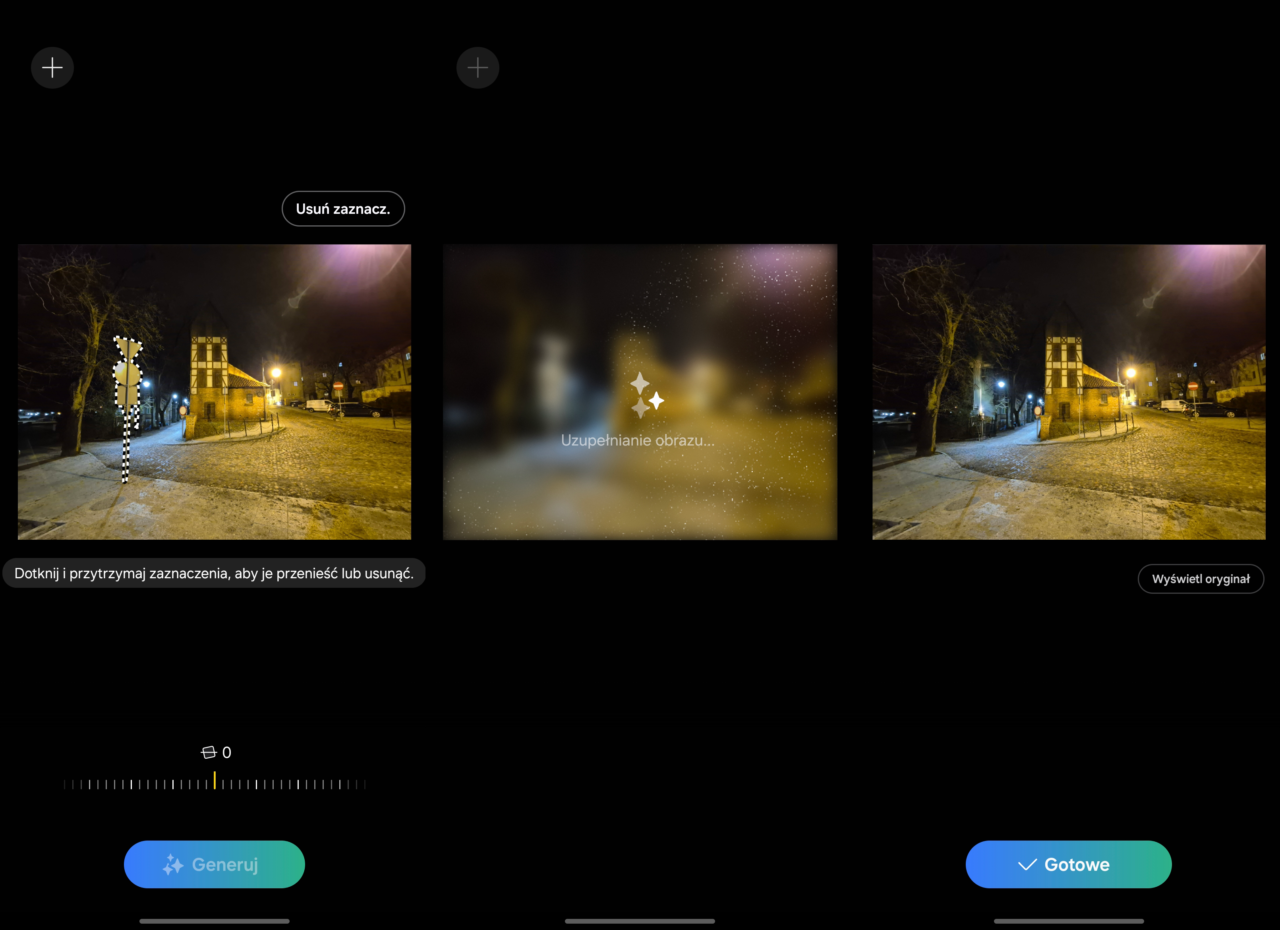 Interfejs aplikacji do edycji zdjęć przedstawia tryb poprawy jakości zdjęcia nocnego z widokiem na zabytkowy budynek i oświetloną ścieżkę.