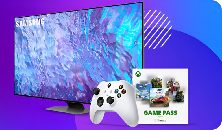Reklama monitora Samsung z białym kontrolerem Xbox i opakowaniem Game Pass Ultimate na tle w kolorze purpurowym.