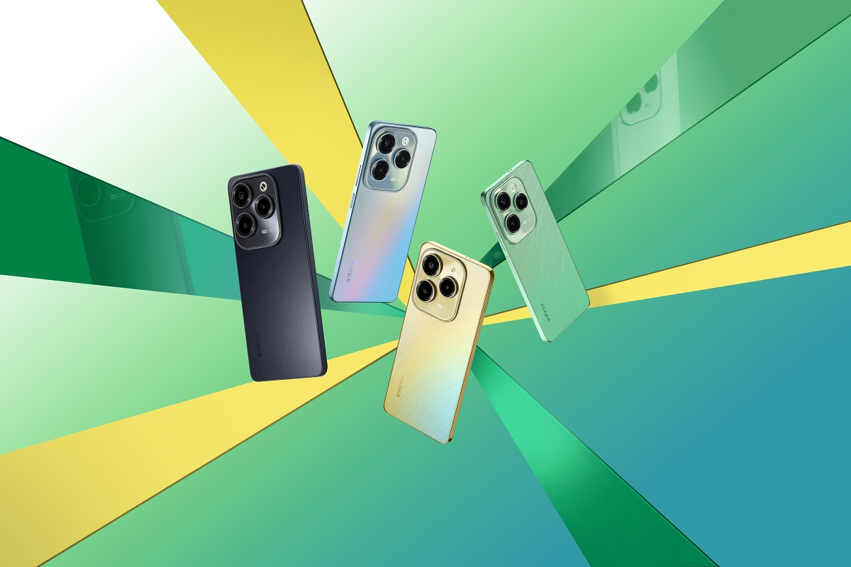Pięć smartfonów o różnych kolorach z układem potrójnej kamery, ułożonych na abstrakcyjnym tle w kolorach zielonym i żółtym.