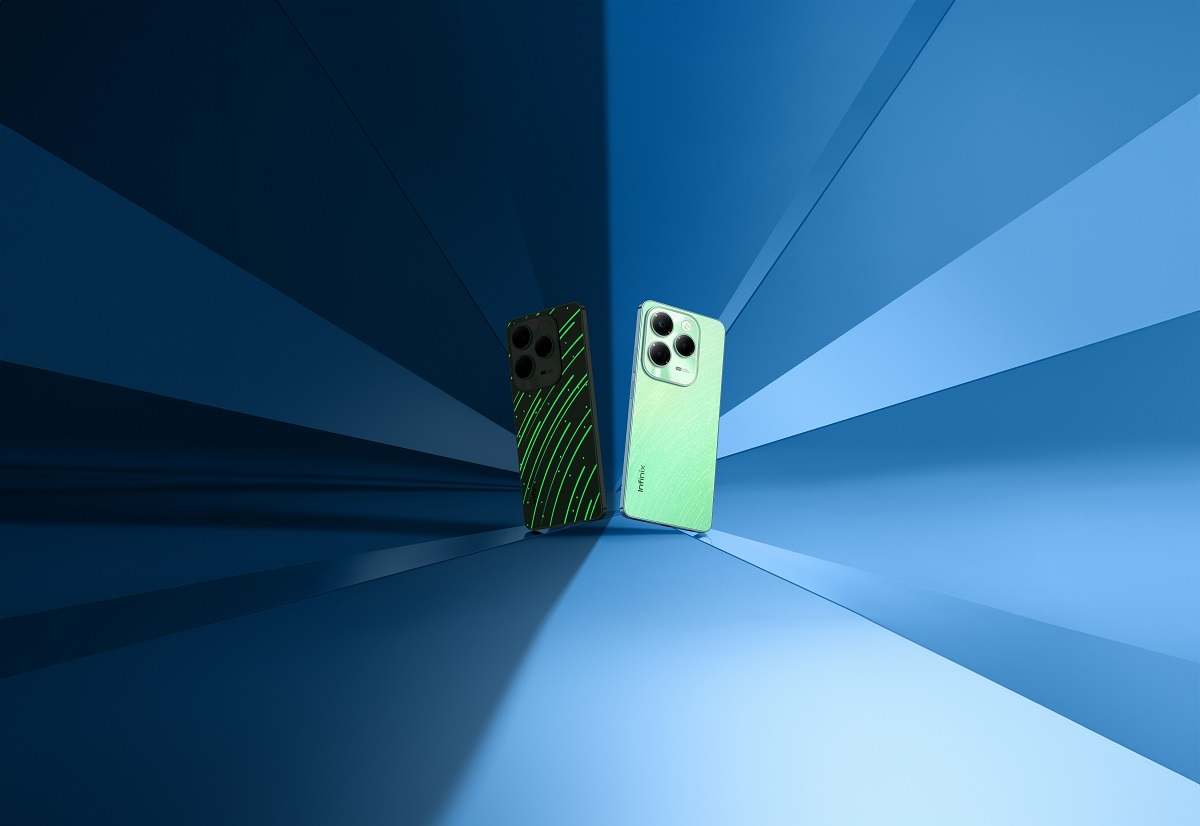 Dwa smartfony ustawione pionowo w minimalistycznym niebieskim wnętrzu z dynamicznym oświetleniem. Jeden zielony z unikalnym wzorem na plecach, drugi w odcieniu miętowym z układem potrójnej kamery.