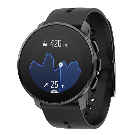 Czarny inteligentny zegarek sportowy z wyświetlanym profilem wysokości.