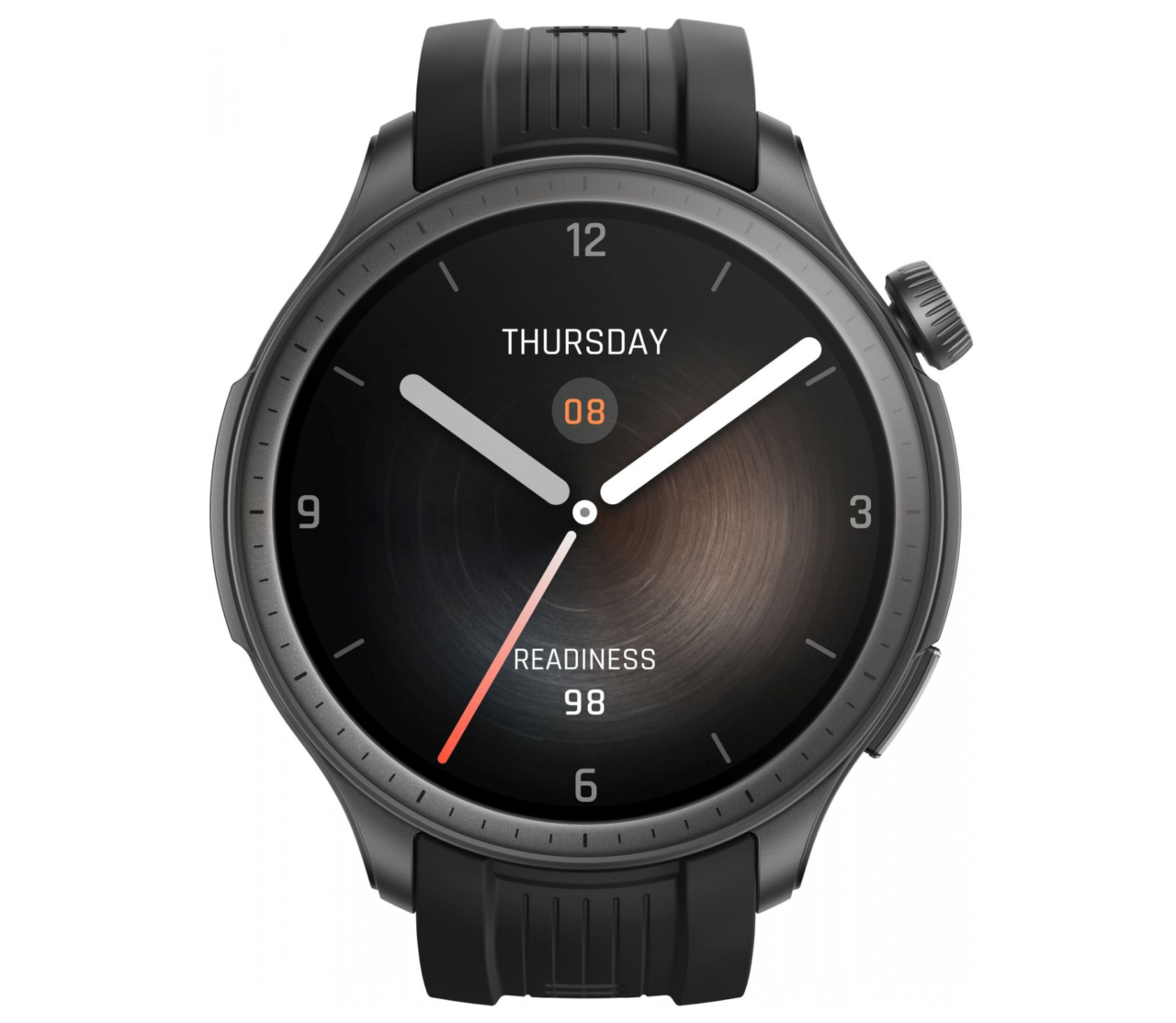 Czarny inteligentny zegarek z analogowym wyglądem tarczy, wyświetlającym 'THURSDAY 08', oraz wartość 'READINESS 98' na dole.