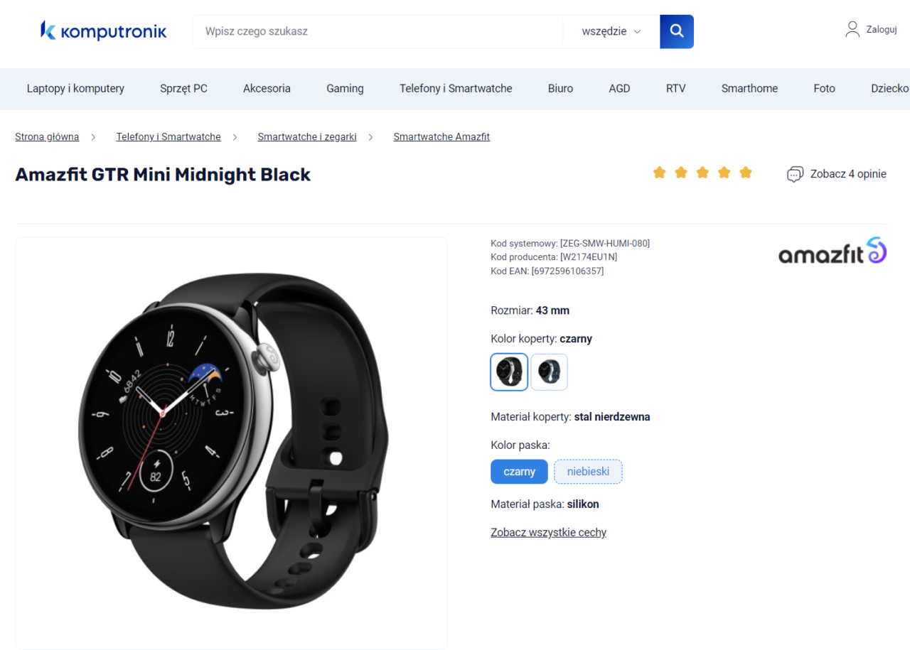 Zdjęcie inteligentnego zegarka Amazfit GTR Mini w kolorze Midnight Black na stronie sklepu Komputronik.