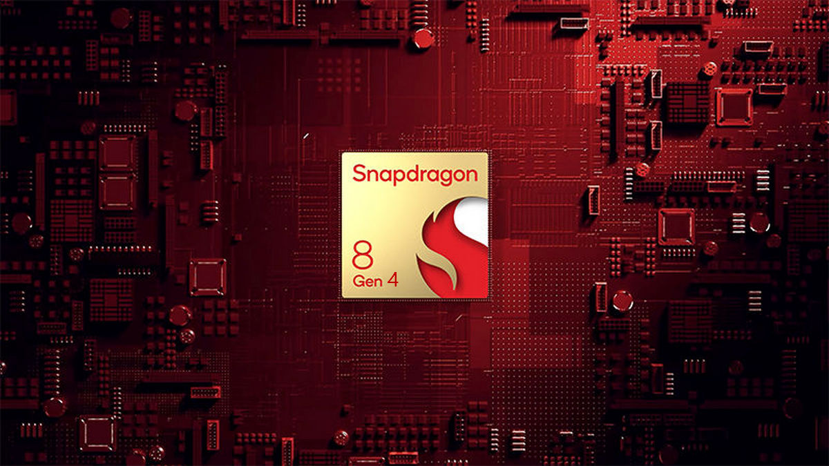 Processador Snapdragon 8 Gen 4 em fundo vermelho com elementos de circuito impresso visíveis.