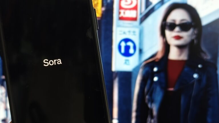 Telefon komórkowy z wyświetlonym napisem "Sora" na pierwszym planie i rozmytym obrazem kobiety w ciemnych okularach i skórzanej kurtce na tle miejskiego pejzażu.
