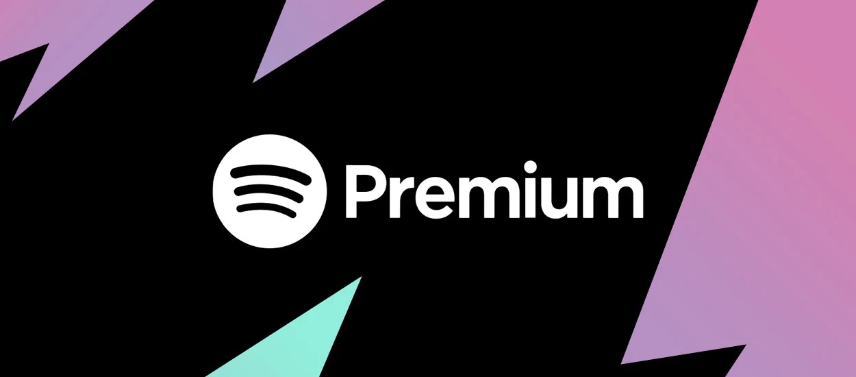 Publicidade gráfica do Spotify Premium com o logotipo do Spotify no meio e a inscrição 'Prêmio' em um fundo colorido com formas que lembram relâmpagos.