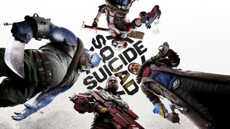Plakat promujący grę "Suicide Squad: Kill the Justice League", przedstawiający postaci z gry, w tym Harley Quinn, w dynamicznych pozach na tle dużych liter tworzących tytuł.