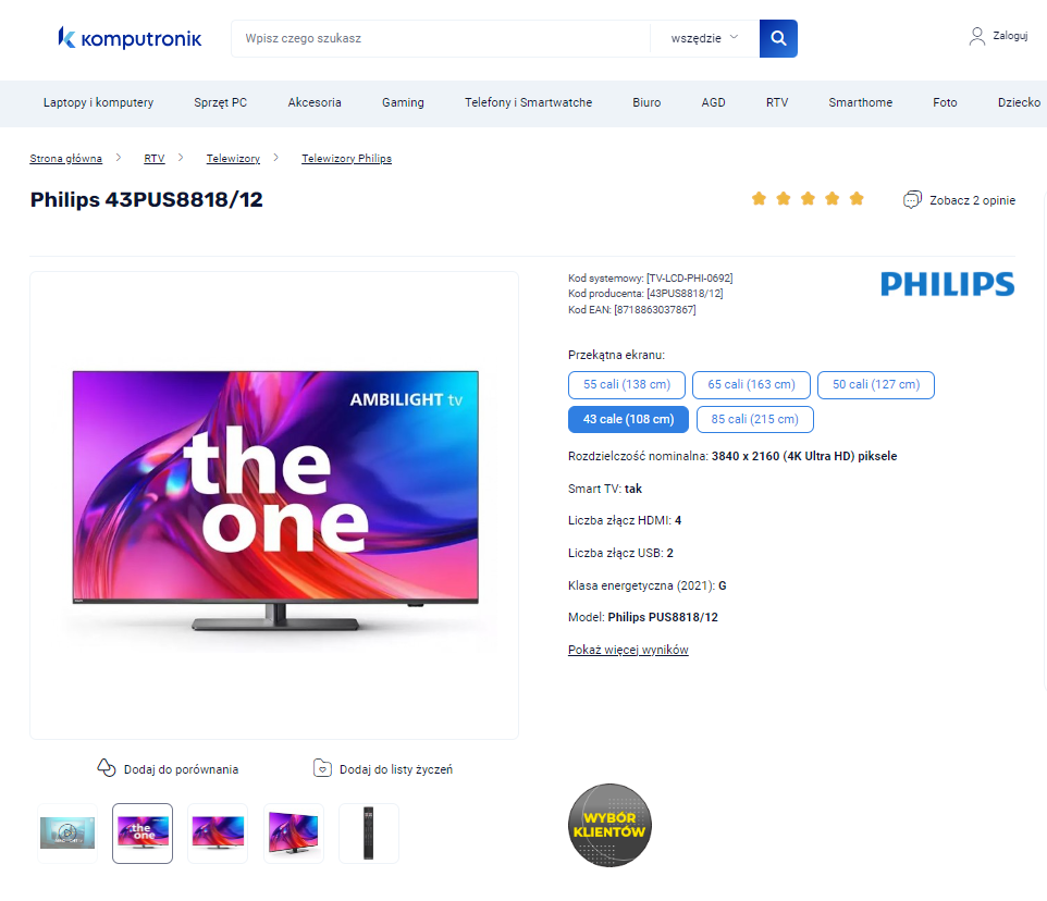 Strona internetowa sklepu Komputronik z ofertą na telewizor Philips Ambilight 43PUS8818/12 z technologią Ambilight, z grafiką promocyjną na ekranie i ocenami klientów.