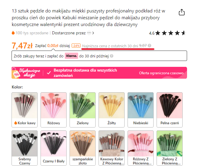 Conjunto de 13 pincéis de maquiagem de cores diferentes apresentados no site da loja online Temu, com opções de cores e preços.