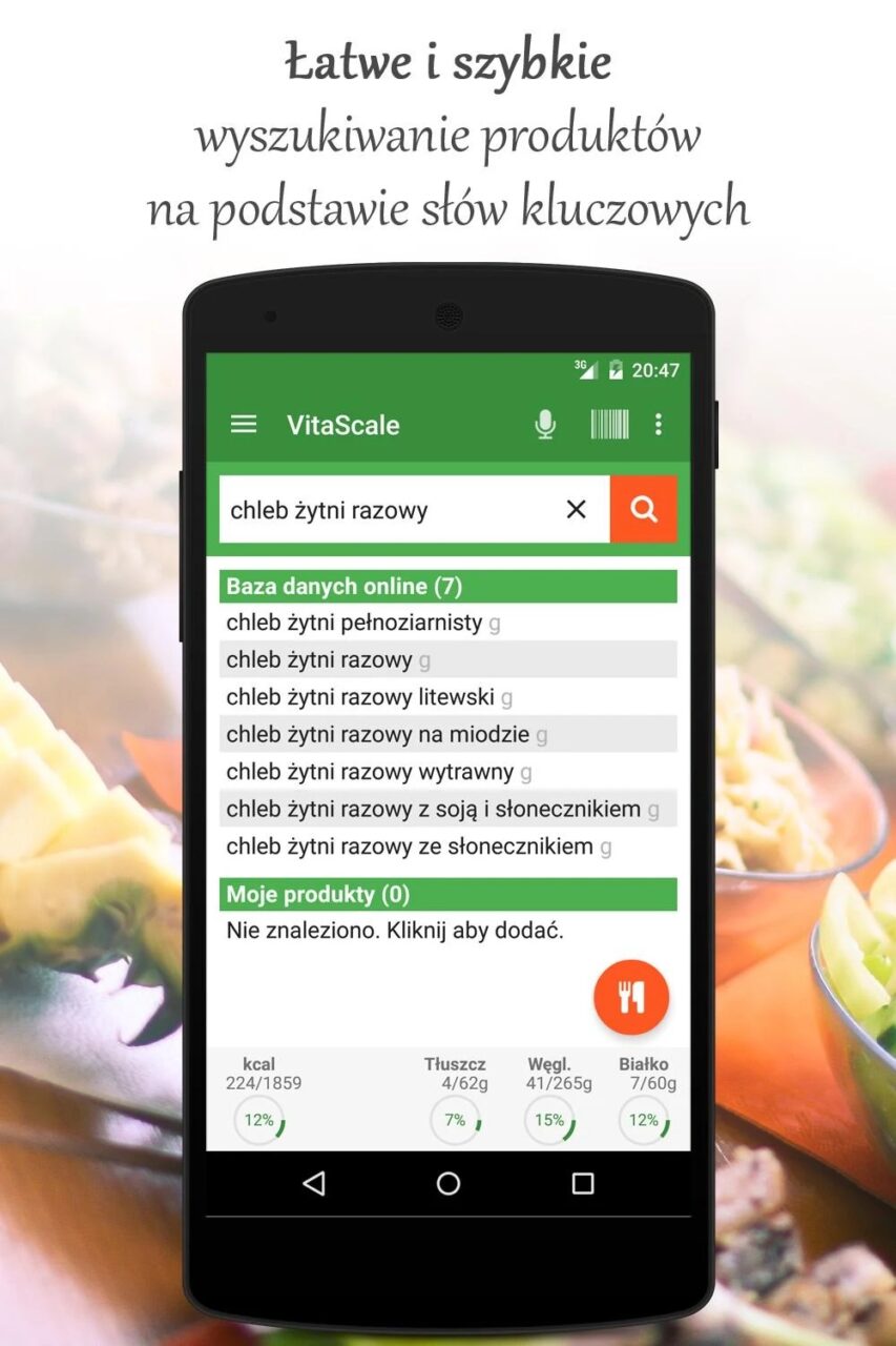Smartfon wyświetlający aplikację VitaScale z ekranem wyszukiwania produktu "chleb żytni razowy", listą różnych rodzajów chleba żytniego i podsumowaniem wartości odżywczych na dole.