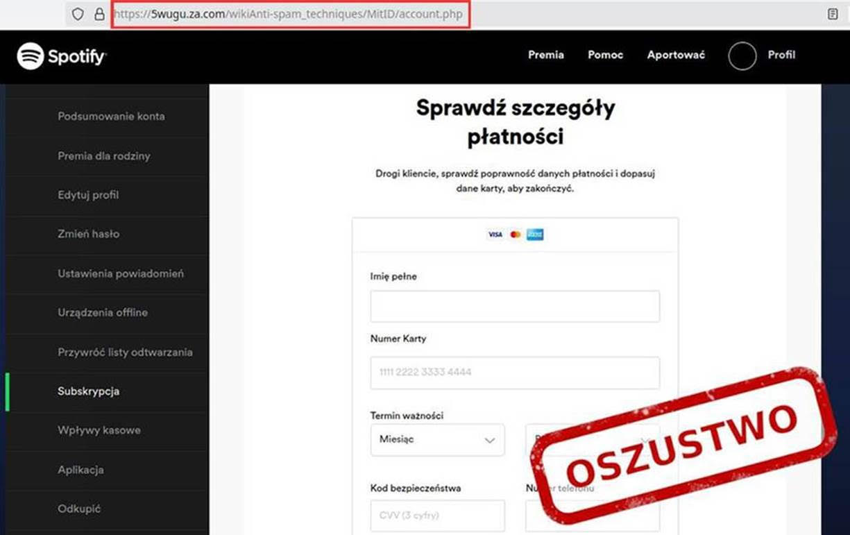Spotify falso. Um site mostrando um formulário de pagamento falso do Spotify com um selo vermelho claramente visível "FRAUDE" sobreposto à imagem da tela.