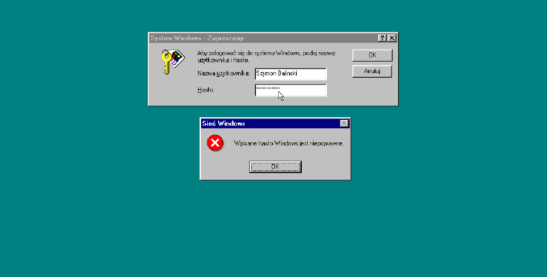 Okno dialogowe logowania systemu Windows z wypełnioną nazwą użytkownika "Szymon Baliński" i polami hasła, a także okno błędu sieci Windows z komunikatem "Wpisane hasło Windows jest niepoprawne". Najsłynniejszy wirus w historii zaatakował system i nie można się zalogować
