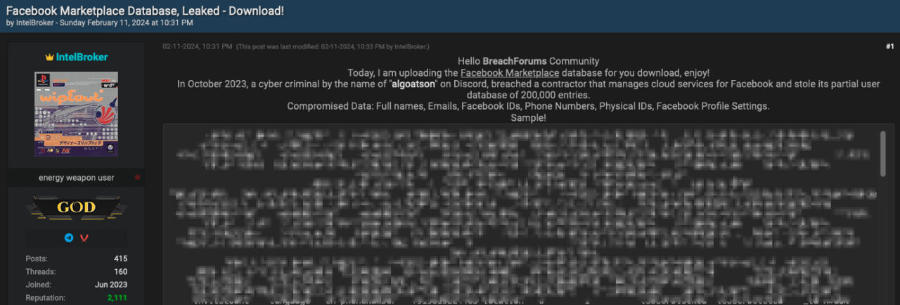zrzut ekranu pokazujący wyciek danych z Facebooka