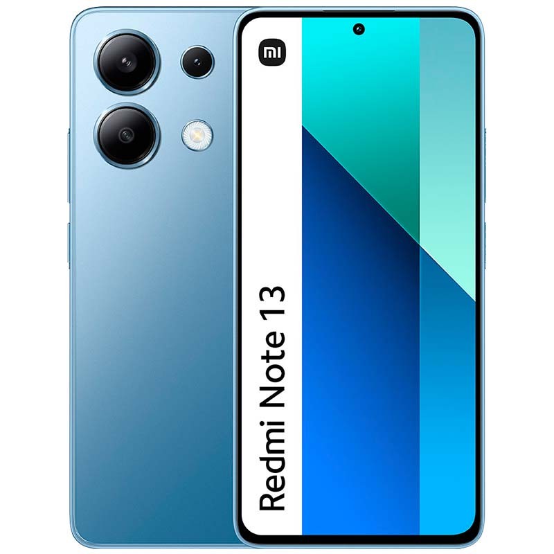 Smartphone Xiaomi Redmi Note 13 na cor azul, com câmera tripla na parte traseira e tela com recorte para a câmera frontal.