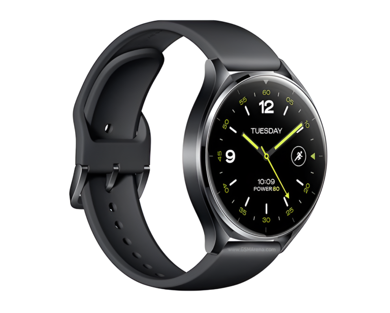 Zegarek typu Xiaomi Watch 2 z czarnym paskiem i okrągłą tarczą pokazującą cyfrową tarczę zegara z zielonymi akcentami, wskazującą wtorek i stan baterii.