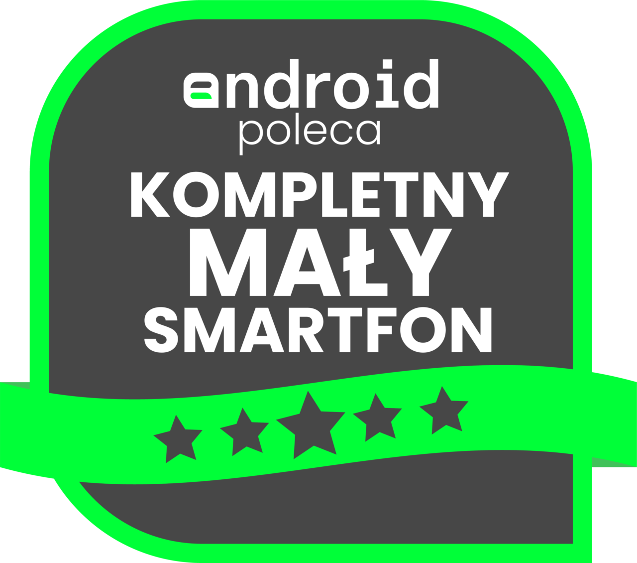 Grafika z napisem "android poleca KOMPLETNY MAŁY SMARTFON" z pięcioma gwiazdkami na zielonym tle.