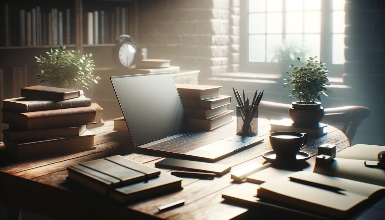 Domowe biuro z laptopem, stosami książek, filiżanką kawy i rośliną na drewnianym biurku, oświetlone promieniami słońca wpadającymi przez okno.Pokazuje, że przestałem korzystać z internetu