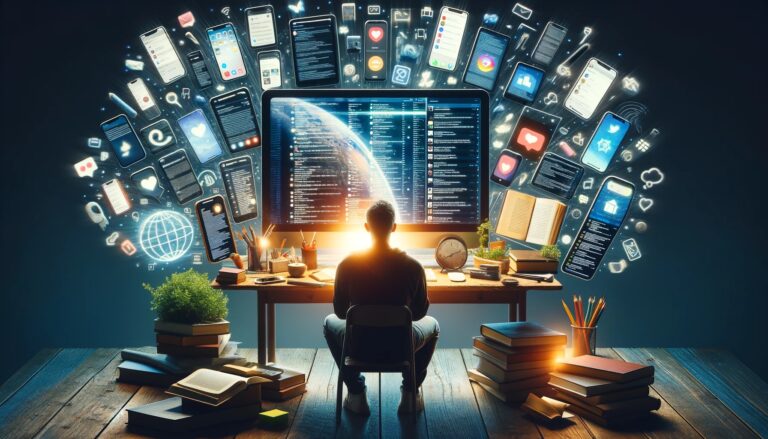 Osoba siedzi przed biurkiem i komputerem z wieloma wirtualnymi ekranami i aplikacjami unoszącymi się w powietrzu tworzącymi cyfrowe środowisko pracy. Dlatego przestałem korzystać z internetu