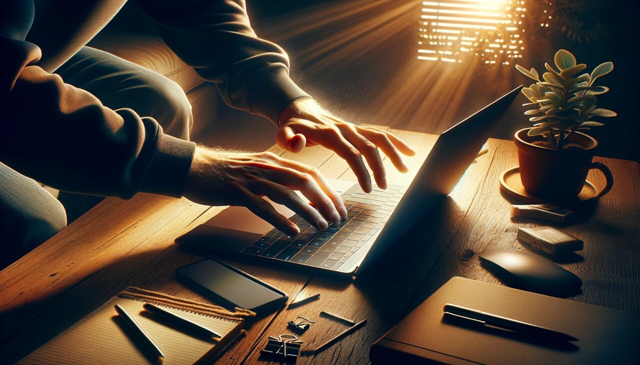 Osoba pisząca na laptopie w domowym biurze oświetlonym ciepłym światłem, obok roślina doniczkowa, filiżanka i inne akcesoria biurowe na drewnianym biurku. przestałem korzystać z internetu, ale wróciłem