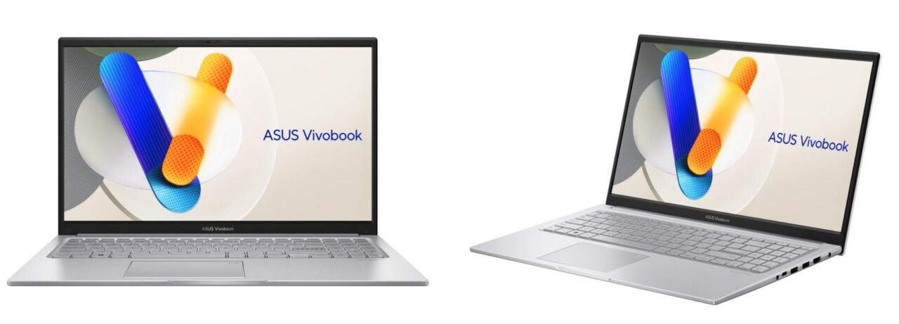 Dwa laptopy ASUS Vivobook z ekranem z włączonym kolorowym tłem i logo ASUS.