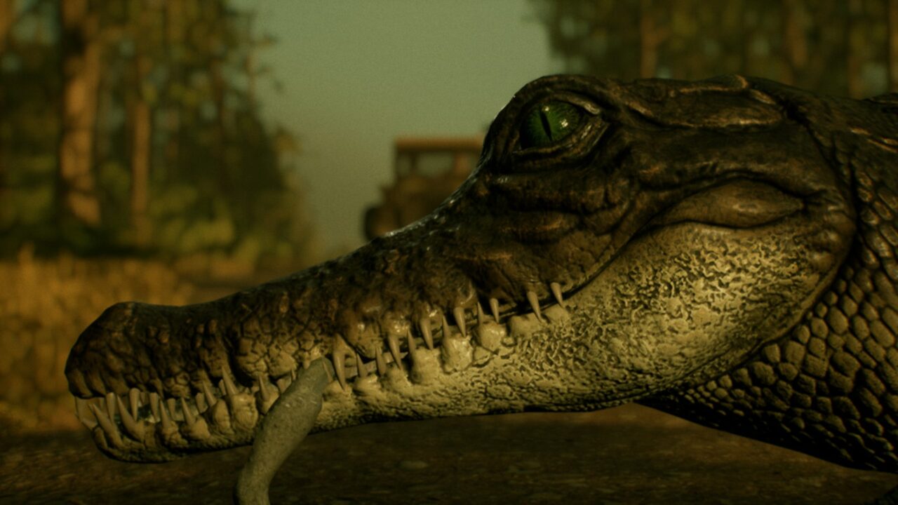 Głowa aligatora na tle roślinności, z wyraźnymi szczegółami tekstury skóry i oczu.