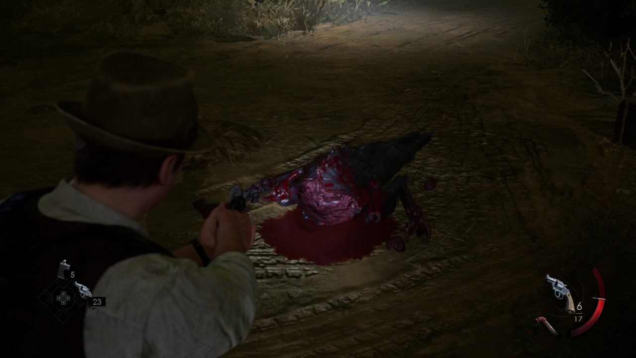 Postać z gry wideo celuje z pistoletu w zmutowanego, krwawego krokodyla leżącego na ziemi na tle nocnej scenerii.