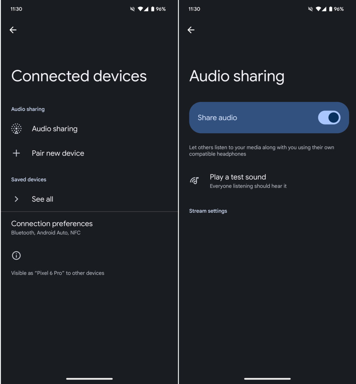 Funkcja Audio Sharing w Android 15 wykorzystująca Bluetooth. Zrzut ekranu interfejsu ustawień smartfona przedstawiający dwa ekrany: po lewej "Połączone urządzenia" z opcjami dotyczącymi udostępniania audio, parowania nowych urządzeń i preferencji połączenia, po prawej włączona funkcja "Udostępnianie audio" z możliwością współdzielenia dźwięku i odtworzenia testowego dźwięku.