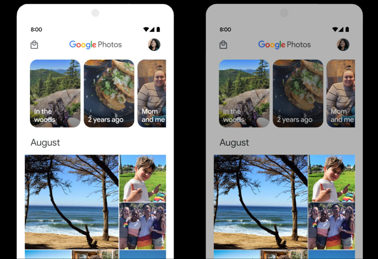 Zrzut ekranu interfejsu aplikacji Google Photos z kolekcją zdjęć, w tym obrazami krajobrazu, jedzenia, selfie z rodziną i spotkaniem przyjaciół.