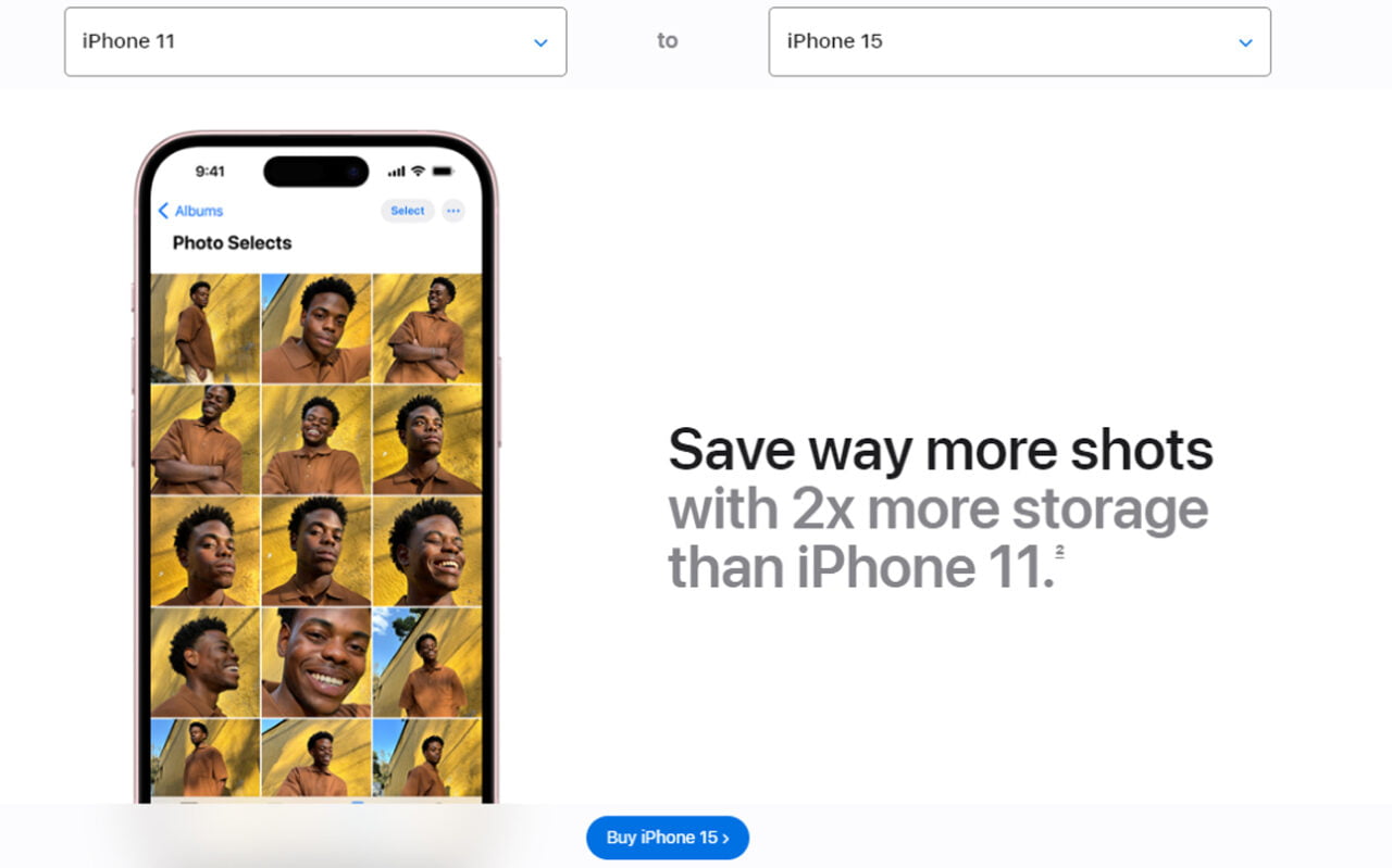 Ekran iPhone'a prezentujący galerię zdjęć z uśmiechniętym mężczyzną na żółtym tle, obok reklama iPhone'a 15 z hasłem "Zapisz znacznie więcej zdjęć z 2-krotnie większą pamięcią niż iPhone 11".
