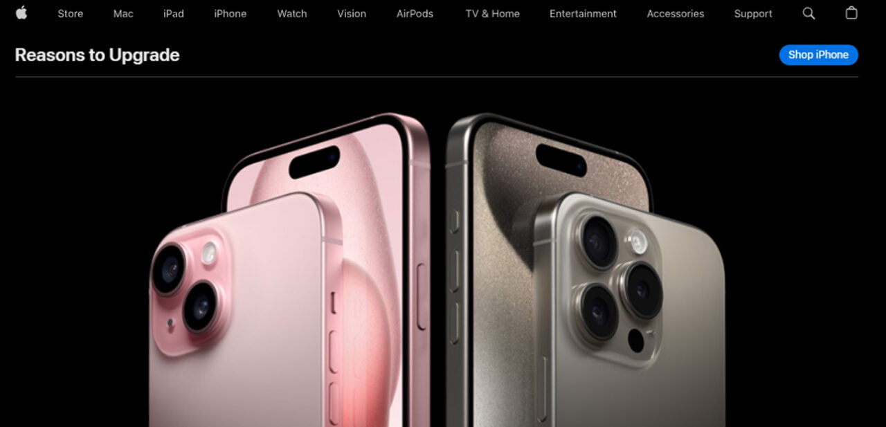 Nowa porównywarka iPhone'ów. Dwa smartfony z aparatem o potrójnym obiektywie, jeden różowy i jeden szary, przodem do widza, z tekstem "Reasons to Upgrade" i przyciskiem "Shop iPhone".