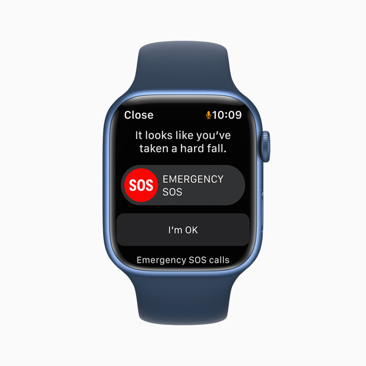 Inteligentny zegarek wyświetlający powiadomienie o upadku z opcją wezwania pomocy SOS i potwierdzenia, że użytkownikowi nic się nie stało.