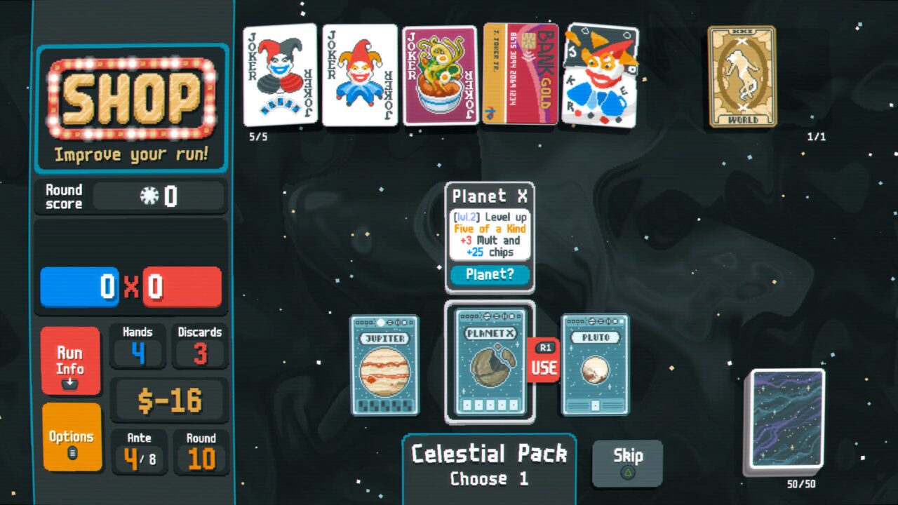 Zrzut ekranu z gry karcianej Balatro przedstawiający interfejs sklepu z różnymi kartami, w tym żartobliwymi jokerami i kartami związanych z kosmosem oraz statystykami bieżącej rundy po lewej stronie. Na środku wyróżniona jest karta "Planet X" wśród opcji wyboru w pakiecie "Celestial Pack". Tło przedstawia kosmiczny krajobraz.