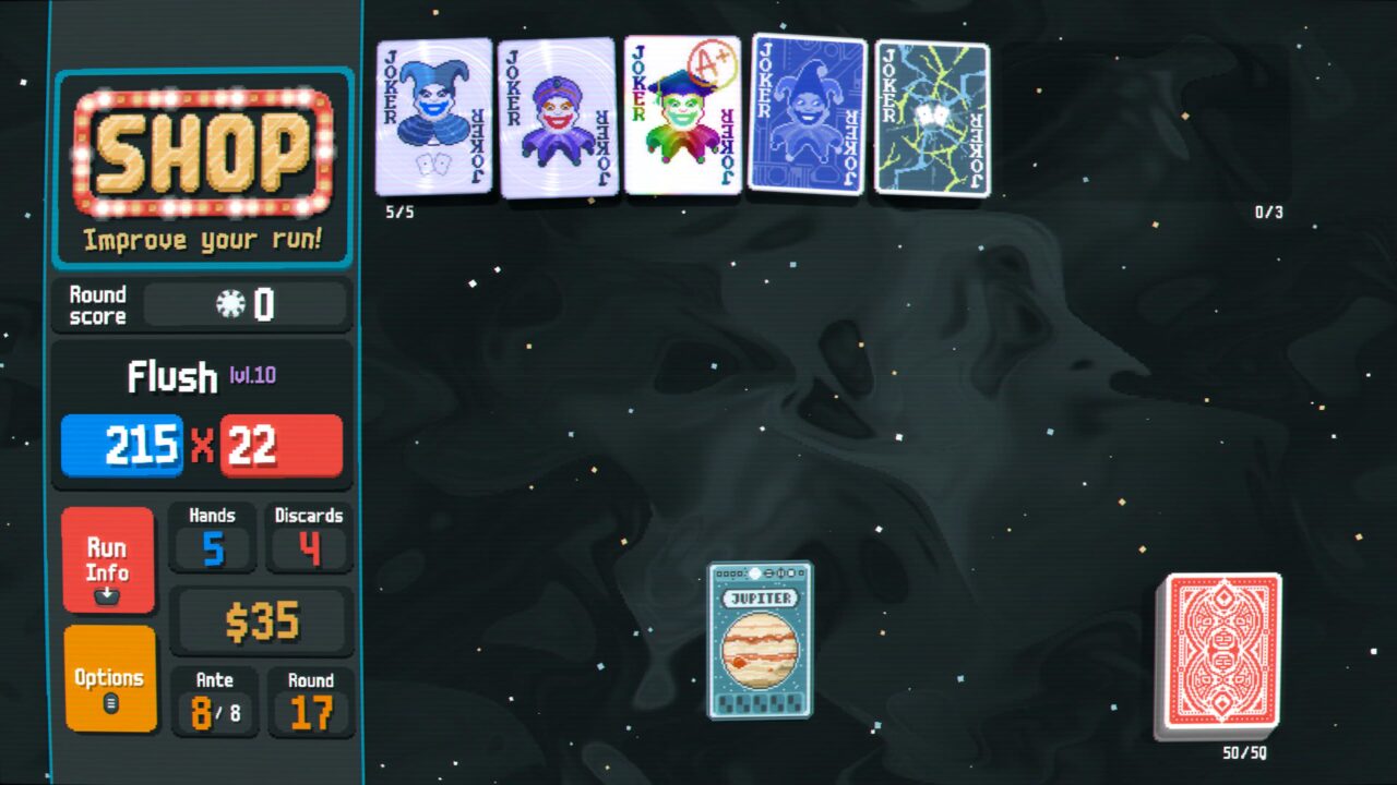 A interface gráfica do jogo de cartas Balatro com vários elementos, incluindo cartas curinga com diferentes cores e gráficos, ícone de loja, informações de pontos e rodadas e uma carta com ilustração de Júpiter.